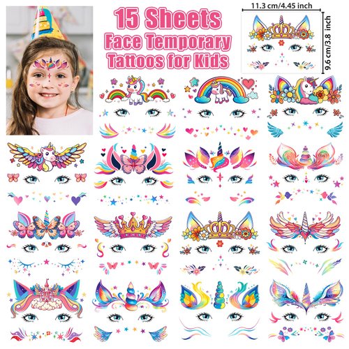 Partywind Face Temporary Tattoos for Girls, Waterproof Fake Tattoos for Kids Party Supplies Favors, Face Tattoos for Children Birthday Party Games, Special Party Goodie Bag Stuffers Fillers