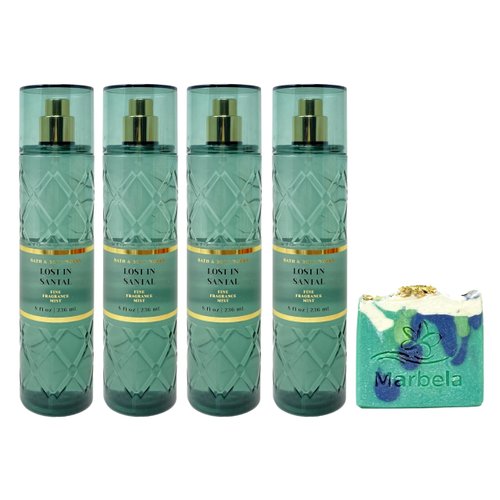 Bath & Body Works Lost In Santal 4 Pack Fine Fragrance Mist Set with an Aloe Vera Bar Soap - Full Size