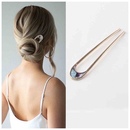 Yheakne Natural Seashell Hair Clip U Shape Hairpin Updo Bun Chignon Pin Shell Hair Fork French Hair Pins 2 Prong Hair Stick Updo Bun Hair Holder Accessories for Women and Girls (Style G)
