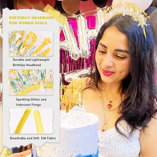 KICOSY Birthday Headbands and Sashes for Women Birthday Crown Tiara Birthday Sash for Girl Glitter Iridescent Fringe Birthday Princess Headband Happy Birthday Decorations Birthday Gifts for Girls