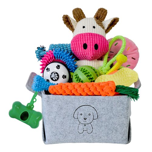 MRSOHRET 20Pcs Puppy Chew Toys for Teething, Dog Chew Toys with Rope Toys, Pet Dog Toothbrush, Treat Balls, Dog Plush Toys and Squeaky Toys for Small Medium Dogs, Cute Dog Toy with Basket