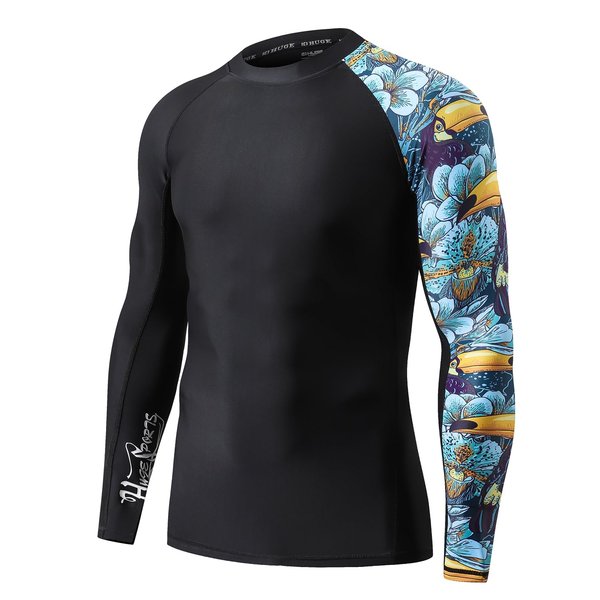 HUGE SPORTS Men's Splice UV Sun Protection UPF 50+ Skins Rash Guard Long Sleeves(HeyToucan, L)