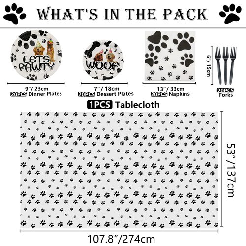 PIXHOTUL 81Pcs Dog Party Supplies - Doggy Themed Tableware Party Pack for Puppy, Including Plates, Napkins, Tablecloth, Forks, Serves 20 Guests