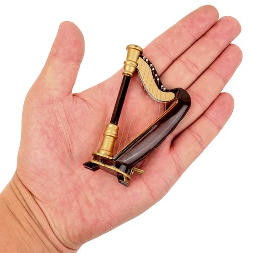Seawoo Wooden Miniature Harp with Case Mini Musical Instrument Replica Miniature Dollhouse Model Home Decoration (3.54"x1.97"x0.91")