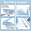 Blue Office Supplies,UPIHO Blue Desk Accessories,Stapler and Tape Dispenser Set for Women with Stapler,Tape Dispenser,Magnetic Staple Remover,Staples,Clips,Hole Punch and Tabs,School Supplies