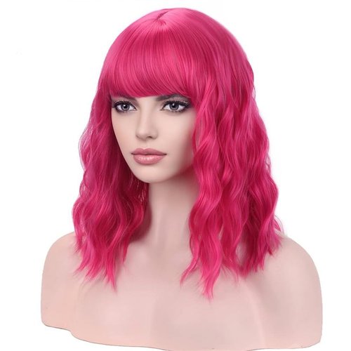 BERON 14 Inches Hot Pink Wig Short Curly Wig Women Girl&#39;s Synthetic Wig Rose Red Wig with Bangs W...