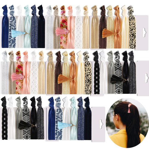 Syhood 48 Pcs Ribbon Hair Ties with Tassel Knotted hair ties No Crease ribbon hair bands Elastic Ponytail Holder creaseless ribbon ties for Women Hair Accessories