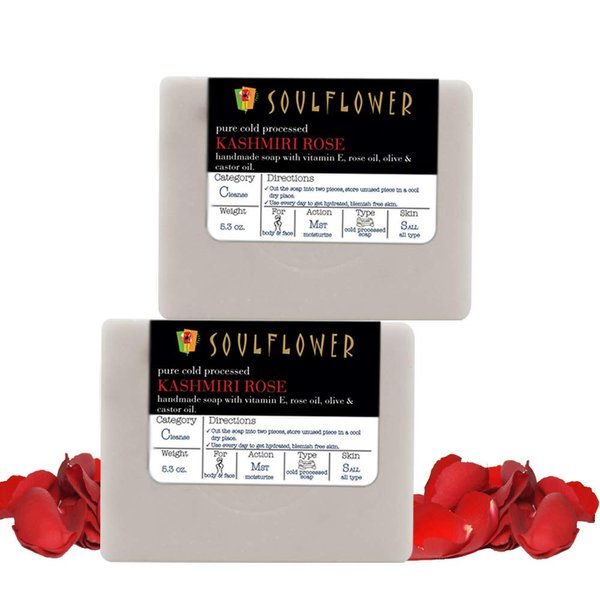 Soulflower Kashmiri Rose Handmade Bar Soap Enriched with Rose Petals Essential Oil for Hydrating & Moisturizing Skin - Natural, Vegan, Organic, Paraben & SLS Free, Pack of 2-5.30 Oz Each