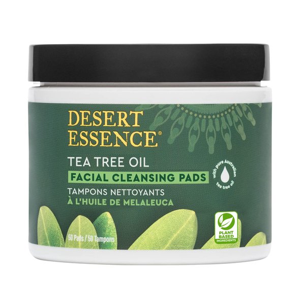 Desert Essence Tea Tree Oil Facial Cleansing Pads - Makeup Remover, Facial Cleanser & Toner with Organic Lavender & Chamomile - Travel-Friendly Personal Wipes for Clarifying Skin Care - 50 Pads