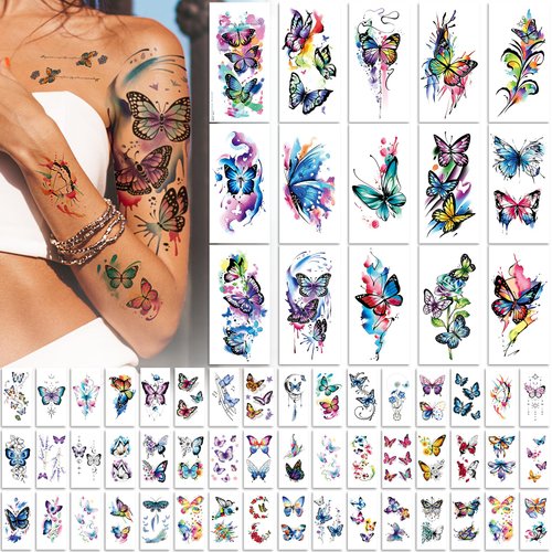 EMOME 79 PCS Butterfly Temporary Tattoos for Women Girls, Realistic Colorful Sleeve Tattoos Stickers, Waterproof Long Lasting Temporary Tattoos for Face Arm Leg Body
