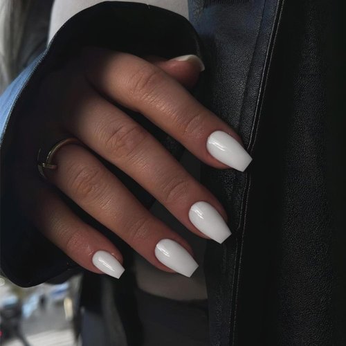 White Press on Nails Medium Coffin Nails,Glue on Nails Medium Length,Fake Nails Square Nails Press on,Short Acrylic Nails False Nails,Static Nails Trapezoid Shaped,Gel Nails Stick on Nails in 24 PCS