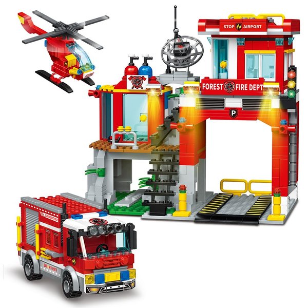 City Fire Station Building Blocks Set，Forest Fire Protection，Including Fire Station,Firefighting Car, Fire Rescue Helicopter, STEM Toys Gift for Boys 6+
