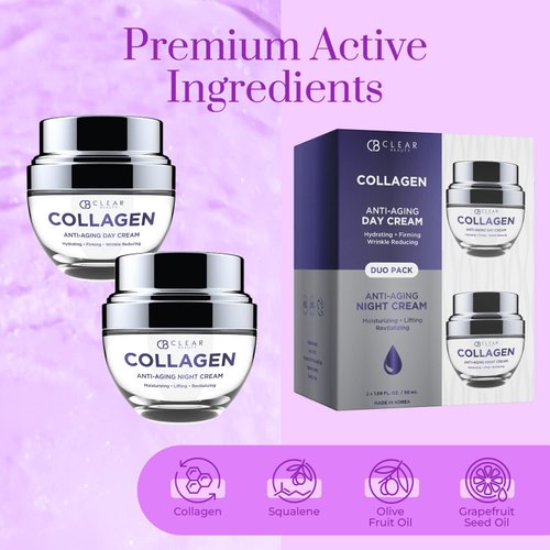 Clair Beauty Collagen Day/Night Moisturizer - Moisturizing, Reduce Wrinkles & Fine Lines, Hydrating Day Cream - Anti-Aging - Korean Skin Care For All Skin Types - Duo Set Value Pack