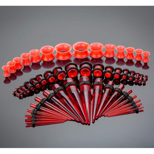 50pcs Ear Stretching Kit Silicone Tunnels Acrylic Tapers & Plugs 14G-00G Gauges Set Expanders for Women Men Body Piercing Jewelry, Red