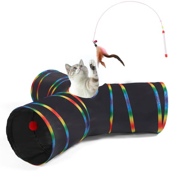 LUCKITTY Cat Tunnels Tube Toy with Plush Ball & Cat Wand Toy and Feather Toys-Portable Tattaff Waterproof Washable-Interesting Geometric Pattern Collapsible-3 Way Black Rainbow