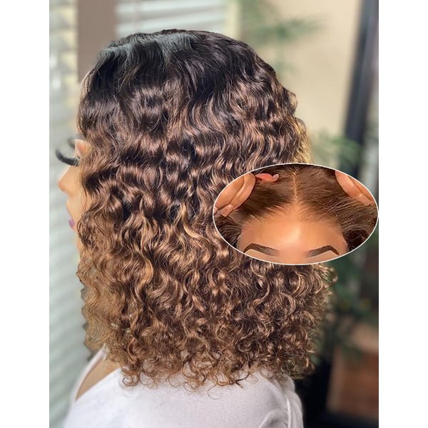 14 Inch Highlight Blonde Wear and Go Glueless Curly Bob Wig Human Hair Pre Plucked, Glueless Pre cut HD Lace Front Wigs Human Hair,Water Wave No Glue wigs, Natural Hairline for Women 200% Density