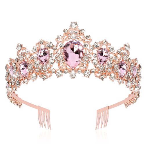 Didder Baroque Vintage Tiara, Pink Crystal Crown Tiaras for Women Royal Crowns for Women Tiaras for Girls Hair Accessories for Women Bridal Wedding Prom Birthday Party (Rose Gold)