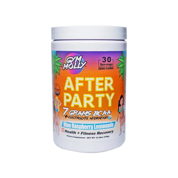 Gym Molly After Party Vegan BCAA Powder, Electrolyte Powder, BCAA Amino Acids After Post Workout Recovery Drink, Zero Carbs, Zero Sugar, 35 Calories Caffeine-Free (Blue Raspberry)