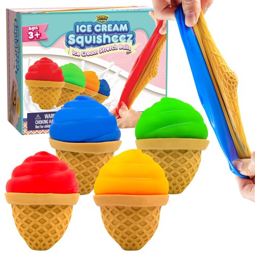YoYa Toys Ice Cream Squisheez Squishy Stress Relief Balls (Set of 4) | Stretchy Cone Shaped Fidget for Boys, Girls & Adults | Colorful Sensory Squeezing Stretch Toy | Great for ADHD, Autism, Anxiety