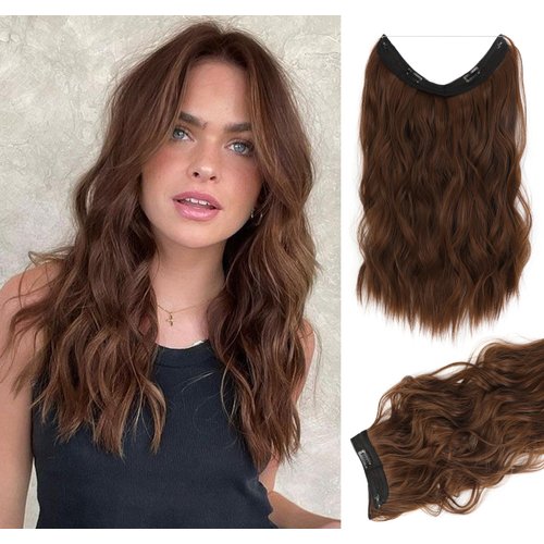 SHANGZI Halo Hair Extensions 20 Inch Invisible Wire Light Brown Hair Extensions Adjustable Long Wavy Hair Extensions Synthetic Upgrade 4 Secure Clips in Hairpieces