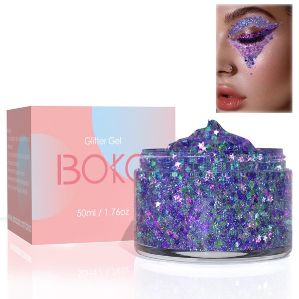 Boko 50ML Body Glitter Gel, Mermaid Chunky Glitter Gel for Face Hair Body Sparkle Makeup, Cosmetic Face Glitter Sequins for Festival Concert Party Rave Accessories - Chameleon Purple