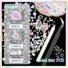 600Pcs Flower Nail Charms and Flatback Pearls,Mixed Size 3D Rose Flowers Nail Charms for Acrylic Nail Supplies Design,White Half Pearls for Nail Jewelry DIY Crafts Nail Art Decoration Accessories