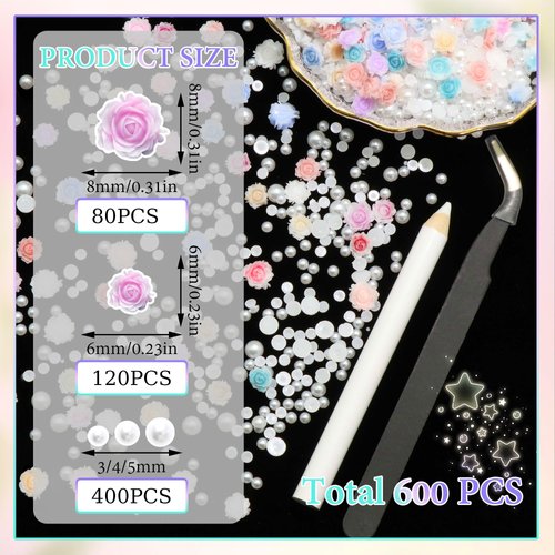 600Pcs Flower Nail Charms and Flatback Pearls,Mixed Size 3D Rose Flowers Nail Charms for Acrylic Nail Supplies Design,White Half Pearls for Nail Jewelry DIY Crafts Nail Art Decoration Accessories