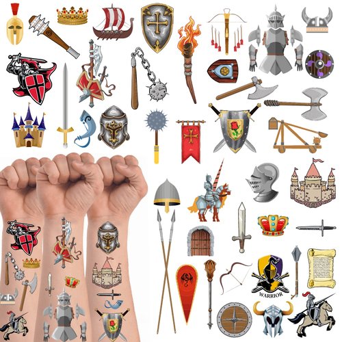 Medieval Knight Castle Temporary Tattoos,20 Sheets 220 Pieces Medieval Themed Tattoos Stickers Party Decoration Supplies Party favors for Kids Adults,Birthday Party Favors, Goodie Bag Fillers