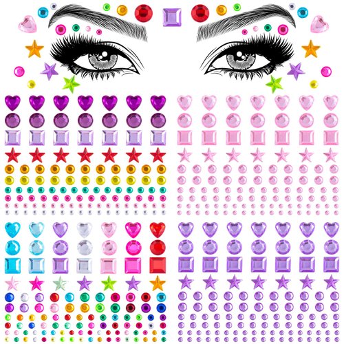 HINZIC 4 Sheets Colorful Star Face Eye Stickers, Acrylic Heart Hair Gems Round Square Crystal Rhinestones Halloween Festival Rave Wedding Makeup Stickers Temporary Tattoos for Women