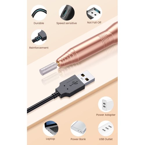 Professional Acrylic Nail Drill, USB Electric Nail Drill Machine, Portable Electrical Nail File Kit for Gel Nails and Home Salon, Manicure Pedicure Polishing Shape Tools, Gold