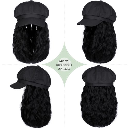 Lansigreen Newsboy Cap with Hair Extensions Short Curly Wavy Bob Hairstyle Wig Hat Beret 8 Panel Attached 14" Synthetic Hairpiece for Women Natural Black