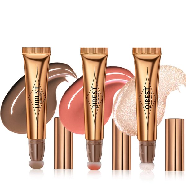 3Pcs Contour Beauty Wand,Liquid Face Concealer Contouring with Cushion Applicator,Liquid Blush Shading Bronzer Stick Natural Matte Finish, Lightweight Blendable Super Silky Cream Contour Stick Makeup