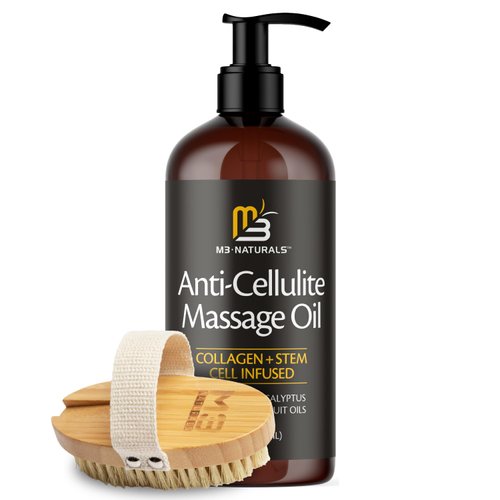 M3 Naturals Anti Cellulite Massage Oil and Firm Dry Brush Kit | Collagen & Stem Cell Skin Tightening Kit | Radiant Body Care Kit for Women