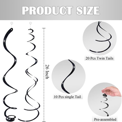 30 pcs Black Hanging Swirls Decorations Swirl Party Decorations Plastic Party Streamer for Ceiling, 26"