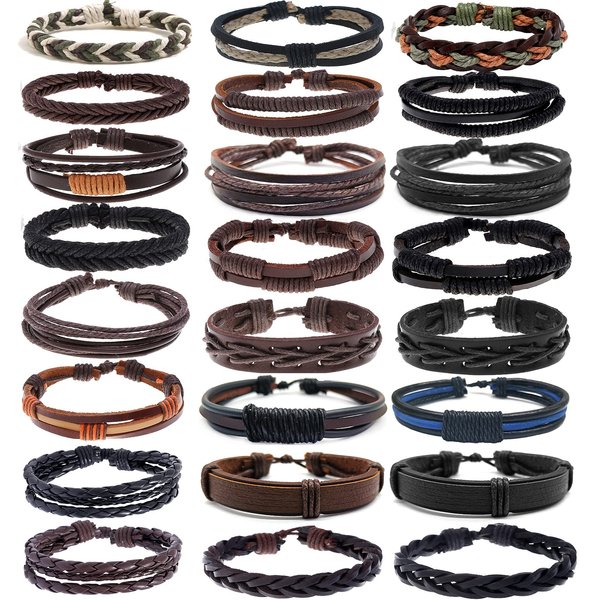 SAMOCO 24Pcs Braided Leather Bracelet for Men Women Tribal Wristbands Cuff Bracelets Punk Multilayered Handmade Wrap Bracelets Adjustable