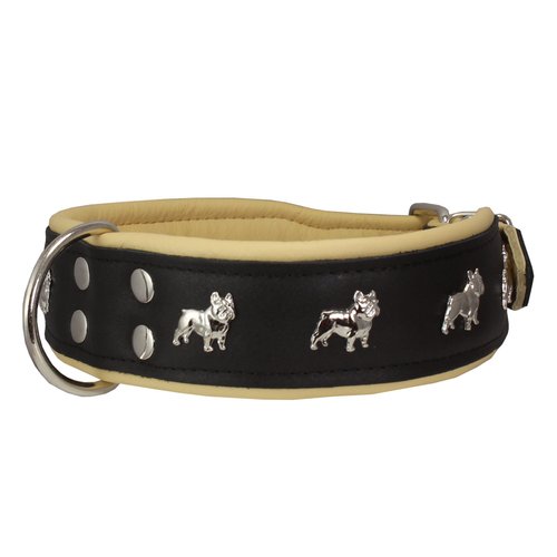Real Leather Soft Leather Padded Dog Collar Bulldog (19"-22" Neck; 2" Wide, Black/Beige)