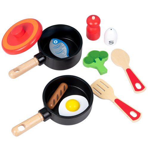 Wooden Play Kitchen Accessories for Toddlers, Kids Pretend Play Pots and Pans Food Cooking Toy, 11 Pieces Montessori Kitchen Tools Gifts for Boys Girls Ages 3 4 5 6 Years Old