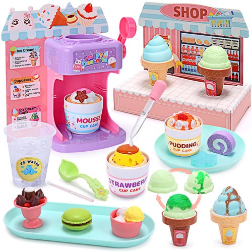 CUTE STONE Color Changing Ice Cream Play Set, Tea Party Set for Little Girls with Toy Ice Cream, Play Desserts, Play Food and Accessories，Kids Kitchen Pretend Play for Girls Boys