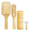Bamboo Hair Brush Comb Set for Women Men, Wood Bristle Paddle Detangling Brush, Wide Tooth Comb for Curly Wavy Thick Thin Wet Dry Hair, Brush Cleaning Tool Included - 4 Pack