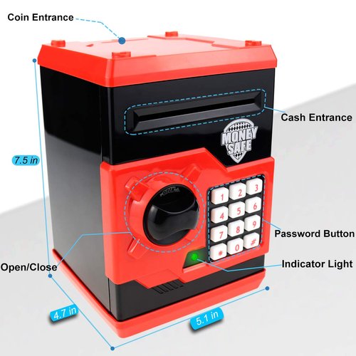Qwifyu Piggy Bank for Boys Girls, Kids Safe Money Bank for 4 5 6 7 8 9 10 Year Old Girl Boy Birthday Gift,Electronic Password Money Saving Box ATM Safe Bank Toys for Kids (Black Red)