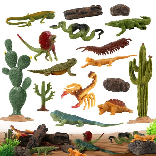 kukifun 32Pcs Desert Reptiles Animals Figures Toys Resin Diorama Lizard Snake Cactus Trees Rock Playset for Kids Toddlers Cake Decoration Birthday Halloween Party Favor School Projects
