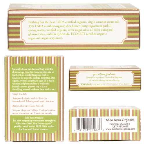 Shea Terra Organics Herbal Hair Care – Argan and Ghassool Shampoo and Spa Bar| All-Natural Strengthening and Conditioning Hair Shampoo for Healthy Hair Growth and Scalp– 4 oz