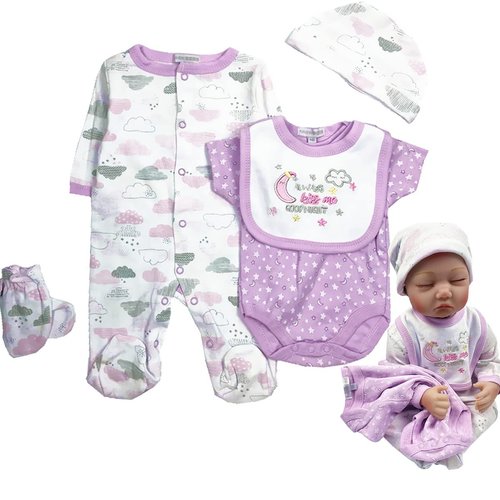 Reborn Clothes Baby Girl 20-22 Inch Reborn Baby Doll Clothes Newborn Doll Purple 5pcs Set Outfit Accessories