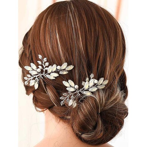 Brishow Leaf Bride Wedding Hair Pins Silver Rhinestone Bridal Hair Pieces Pearl Bridal Hair Accessories for Women and Girls (Pack of 2)