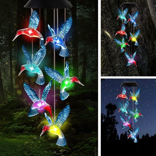 Hummingbird Solar Wind Chimes, OkayGoo Hummingbird Gift Outdoor Wind Chimes Solar Lights Color Changing Solar Night Lights Gifts for Mom Grandma Memorial Wind Chimes Christmas Decoration