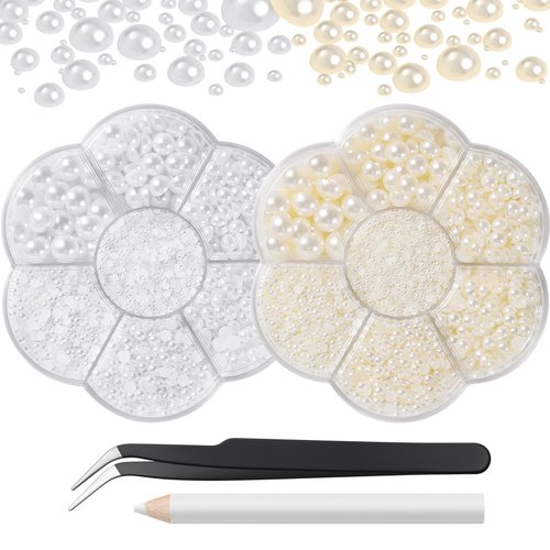 12000 Pcs Nails Art Flat Back Pearls Kits, 1 Box of Beige Half Round Pearls and 1 Box of White Flat-Back Pearls with Pickup Pencil and Tweezer for Home DIY Nail Art, Face Makeup, Craft and Salon Use