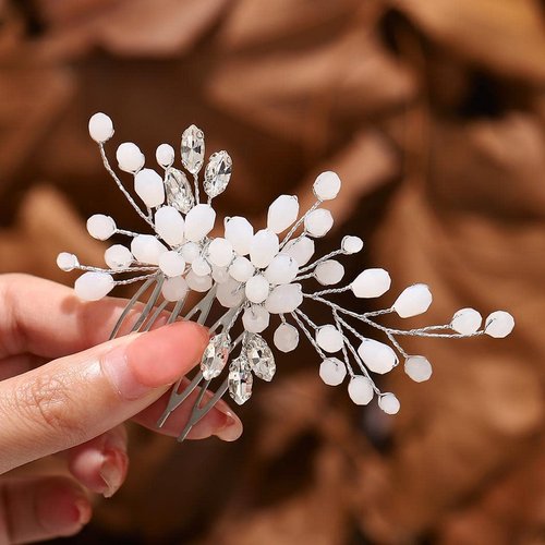 Gorais Opal Bride Wedding Hair Comb Silver Crystal Bridal Hair Piece Beaded Hair Accessories for Women and Girls