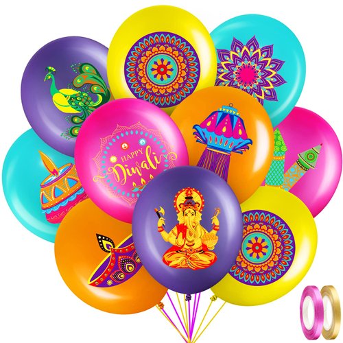 45 Pieces Happy Diwali Rangoli Party Decorations, Diwali Latex Balloons, Diwali Festival Hanging Decorations for Home Ceiling Wall Indian Themed Deepavali Party Decoration Supplies, 9 Styles