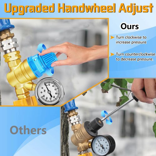 Boltigen Handle Adjustable RV Water Pressure Regulator, 3/4’’ GHT Brass Lead-Free RV Fresh Water Hose Pressure Regulator Valve with Gauge for RV Camper Trailer, Pressure Reducer Valve