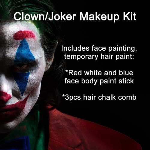 Mysense Clown Makeup Kit,Red White and Blue Joker Face Body Paint Stick,Cream Facepaint and Green Temporary Hair Color Chalk for Halloween Costume Cosplay Party DIY